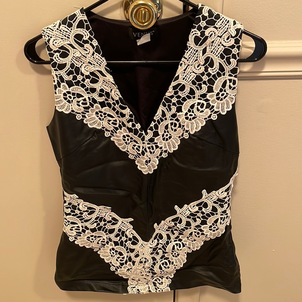 VENUS Black and White Embellished Sleeveless Blouse